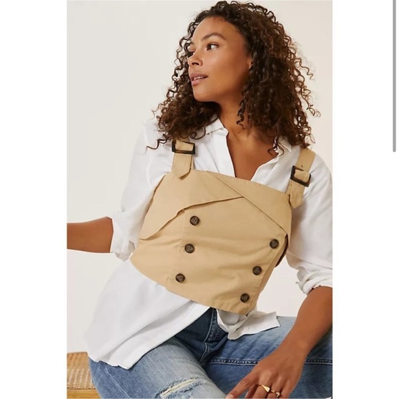 Anthropologie Eva Franco khakiTrench Buttoned Blouse with Straps Petite crop 20W - Picture 1 of 12
